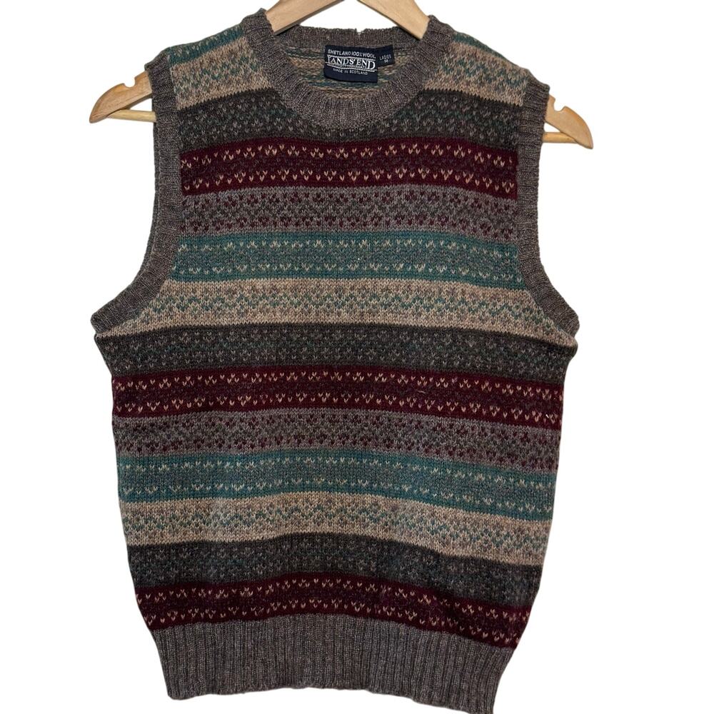 Vtg 1980's 100% Shetland Wool Made in Scotland Fair Isle Lands End Sweater Vest